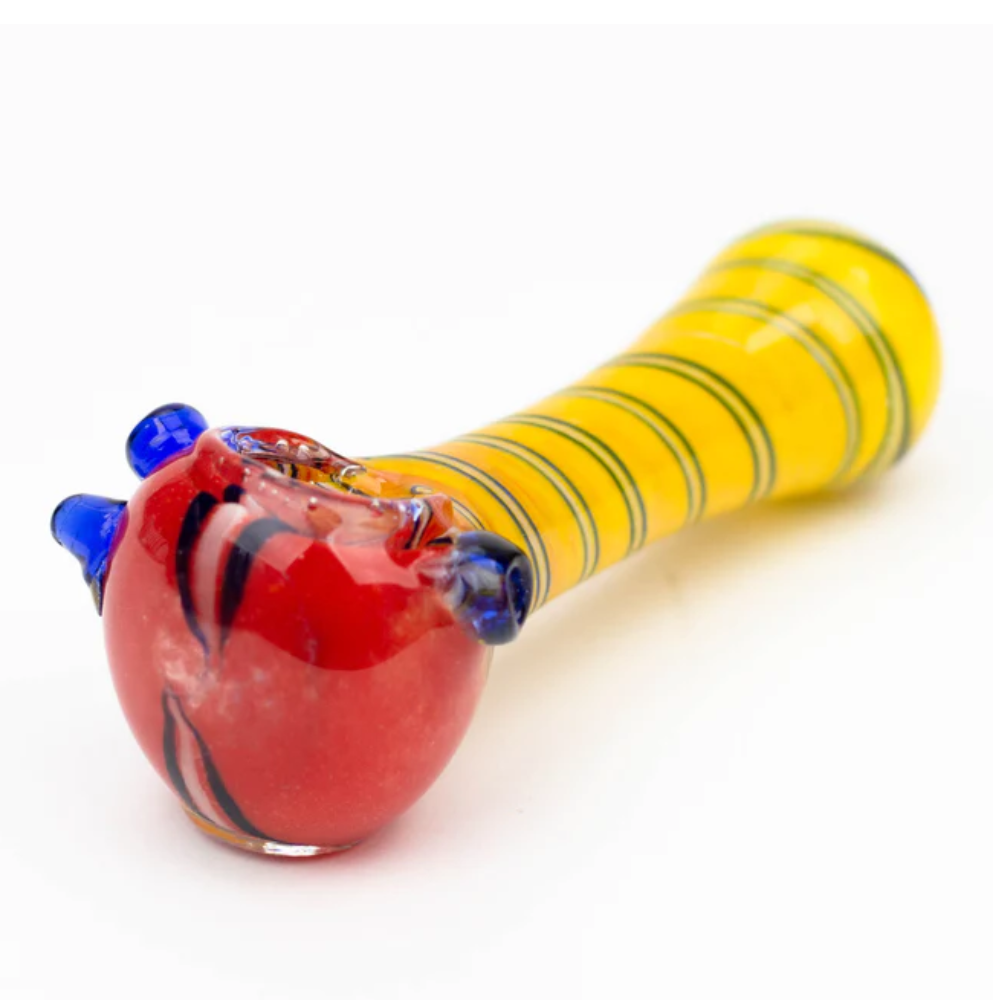 glass spoo hand pipe with a choke carb stripe yellow red blue black and white 