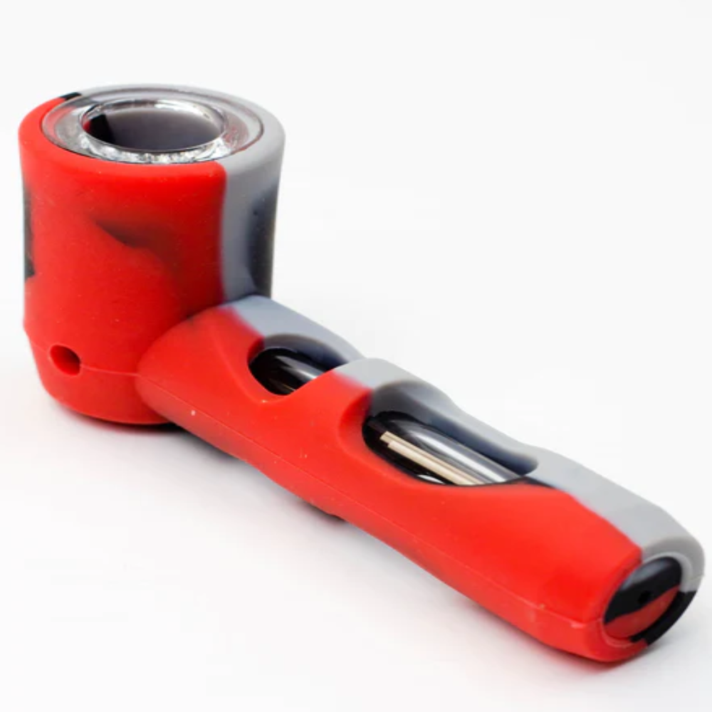 silicone hand pipe multi color orange and grey with glass bowl